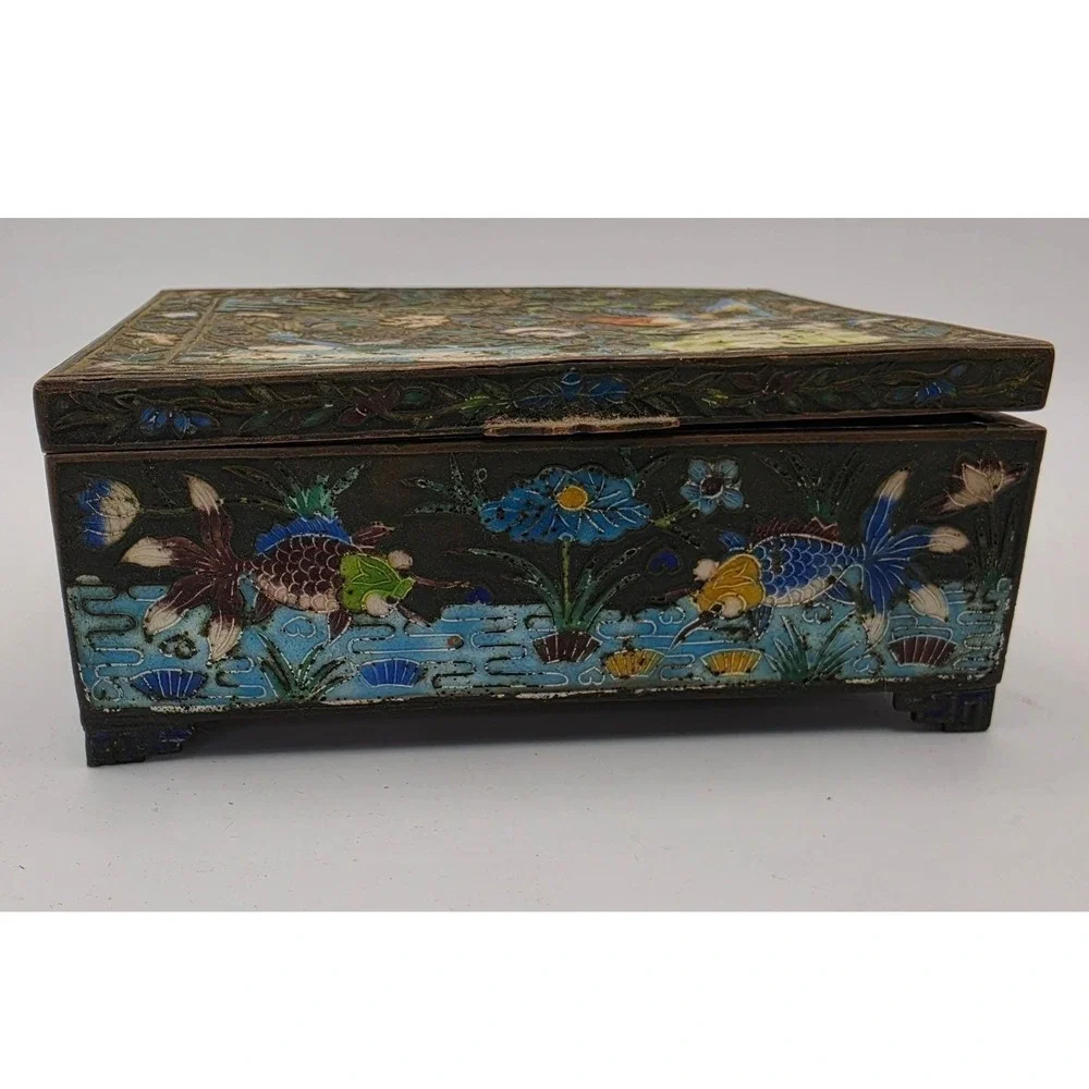 Vintage Chinese Cloisonne Enamel Jewelry Box Bird Koi Fish Champleve Wood Lined